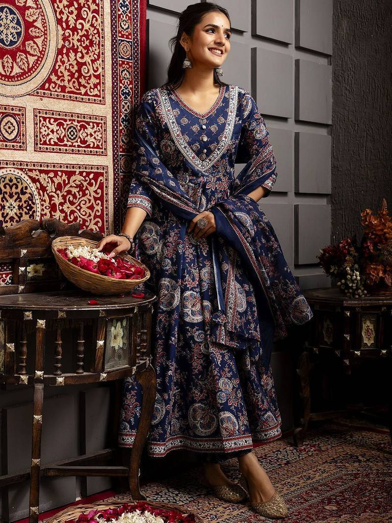 Ethnic Motifs Flared Printed Kurta Palazzo Set With Dupatta