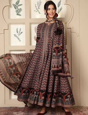 Floral Printed Mirror Work Pure Cotton Anarkali Kurta & Palazzo & Dupatta Set 1
