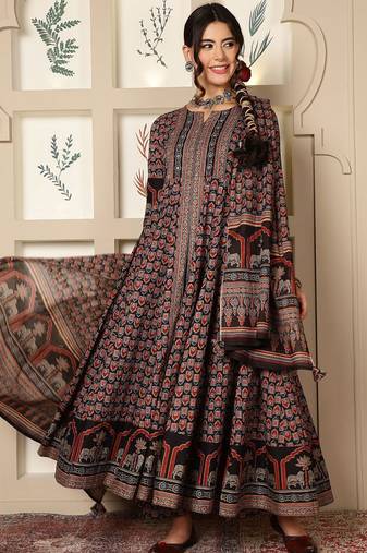 Floral Printed Mirror Work Pure Cotton Anarkali Kurta & Palazzo & Dupatta Set