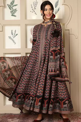 Floral Printed Mirror Work Pure Cotton Anarkali Kurta & Palazzo & Dupatta Set