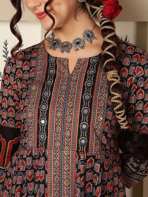 Floral Printed Mirror Work Pure Cotton Anarkali Kurta & Palazzo & Dupatta Set 2