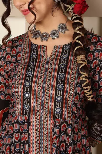 Floral Printed Mirror Work Pure Cotton Anarkali Kurta & Palazzo & Dupatta Set