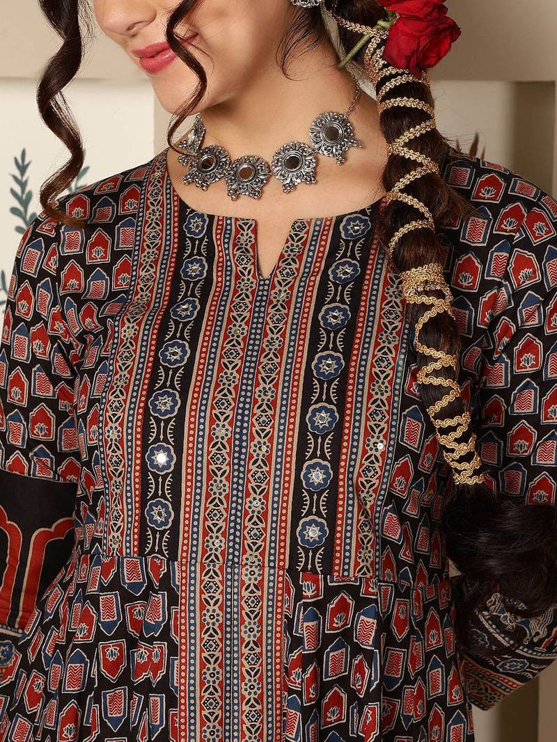 Floral Printed Mirror Work Pure Cotton Anarkali Kurta & Palazzo & Dupatta Set
