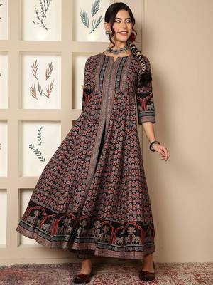Floral Printed Mirror Work Pure Cotton Anarkali Kurta & Palazzo & Dupatta Set 3