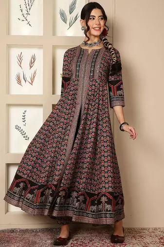 Floral Printed Mirror Work Pure Cotton Anarkali Kurta & Palazzo & Dupatta Set
