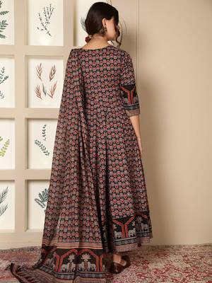 Floral Printed Mirror Work Pure Cotton Anarkali Kurta & Palazzo & Dupatta Set 4