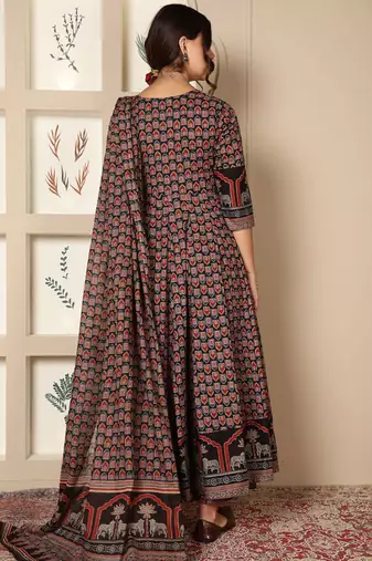 Floral Printed Mirror Work Pure Cotton Anarkali Kurta & Palazzo & Dupatta Set