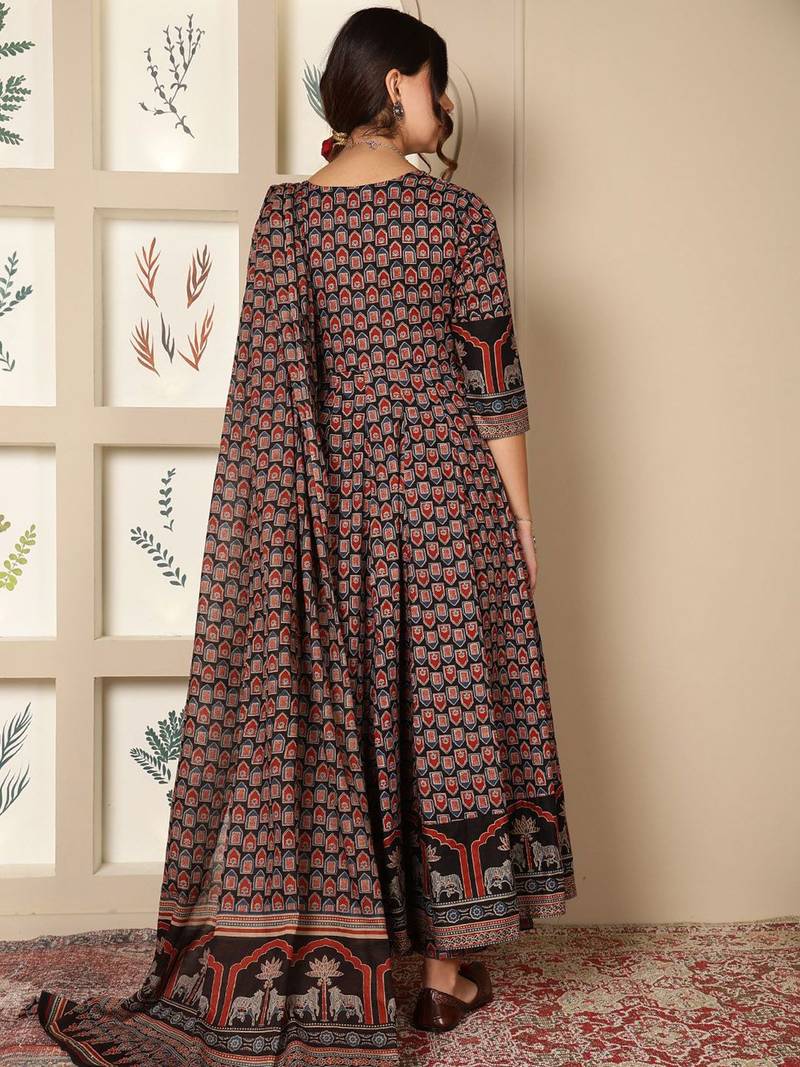 Floral Printed Mirror Work Pure Cotton Anarkali Kurta & Palazzo & Dupatta Set