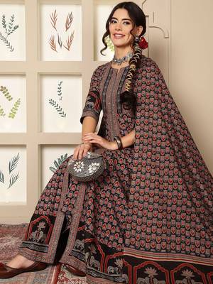 Floral Printed Mirror Work Pure Cotton Anarkali Kurta & Palazzo & Dupatta Set 5