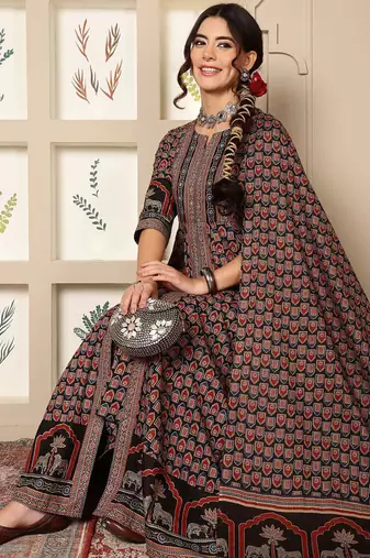 Floral Printed Mirror Work Pure Cotton Anarkali Kurta & Palazzo & Dupatta Set