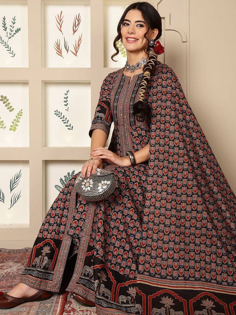 Floral Printed Mirror Work Pure Cotton Anarkali Kurta & Palazzo & Dupatta Set