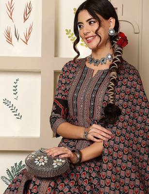 Floral Printed Mirror Work Pure Cotton Anarkali Kurta & Palazzo & Dupatta Set 6