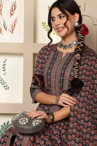 Floral Printed Mirror Work Pure Cotton Anarkali Kurta & Palazzo & Dupatta Set