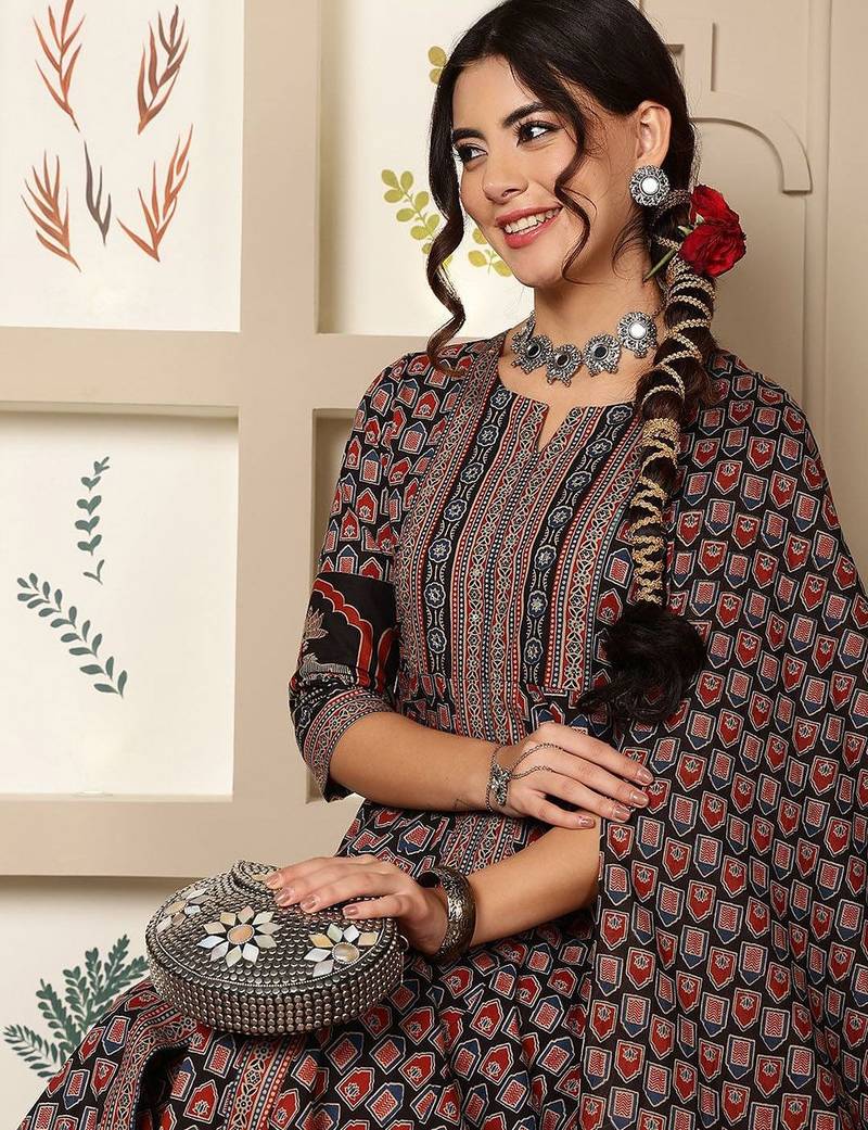 Floral Printed Mirror Work Pure Cotton Anarkali Kurta & Palazzo & Dupatta Set