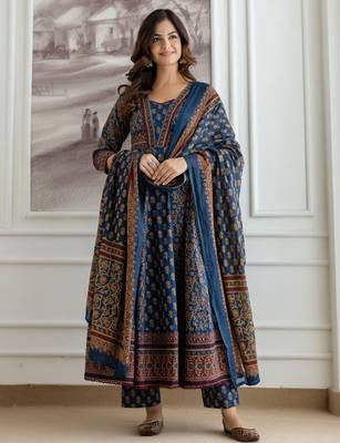 Women Ethnic Motifs Printed Tiered Pure Cotton Kurta with Trousers & With Dupatta 1