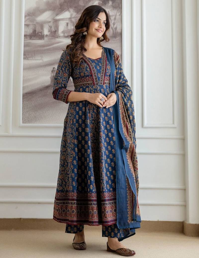 Women Ethnic Motifs Printed Tiered Pure Cotton Kurta with Trousers & With Dupatta