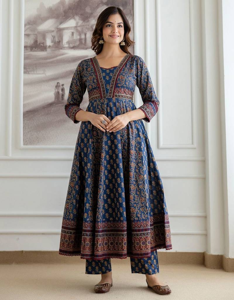 Women Ethnic Motifs Printed Tiered Pure Cotton Kurta with Trousers & With Dupatta
