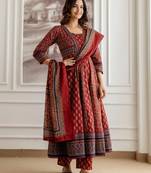 Women Maroon Printed Pure Cotton Kurta Sets