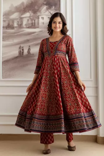 Women Maroon Printed Pure Cotton Kurta Sets