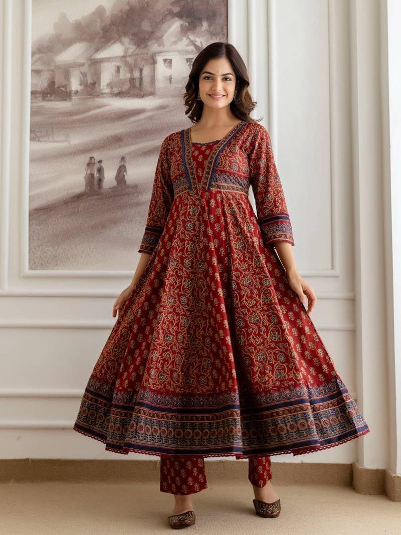Women Maroon Printed Pure Cotton Kurta Sets