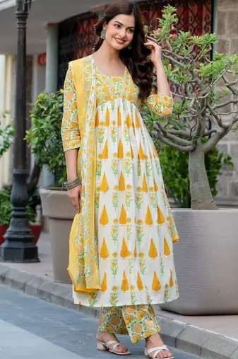 Women Floral Printed Empire Pure Cotton Kurta with Palazzos & With Dupatta