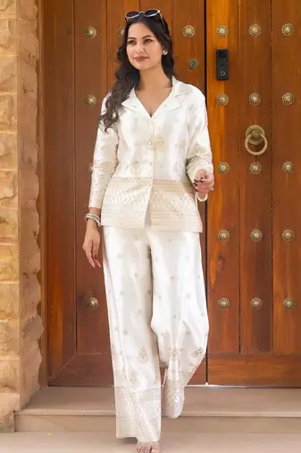 Ivory gold embroidered co-ord set with pant