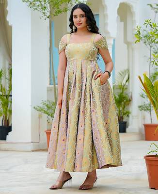 Pastel bloom jacquard fit & flare dress | premium festive wear 1