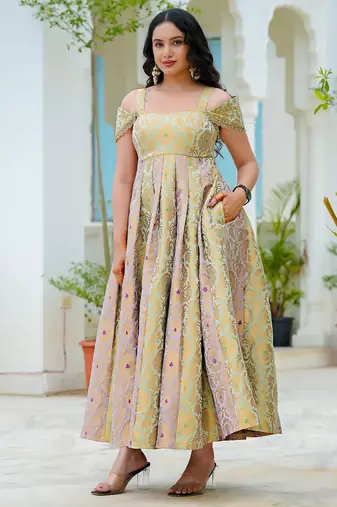 Pastel bloom jacquard fit & flare dress | premium festive wear