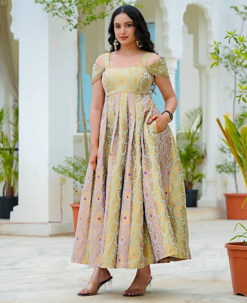 Pastel bloom jacquard fit & flare dress | premium festive wear