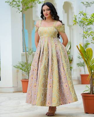 Pastel bloom jacquard fit & flare dress | premium festive wear 3