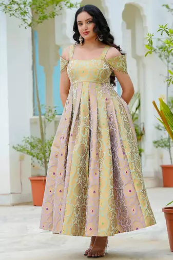 Pastel bloom jacquard fit & flare dress | premium festive wear