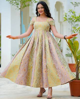 Pastel bloom jacquard fit & flare dress | premium festive wear 4