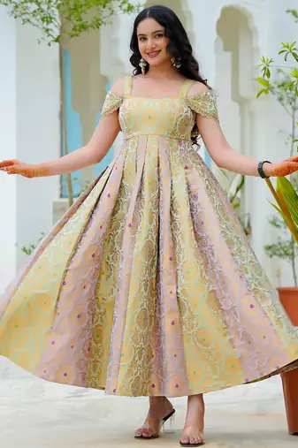 Pastel bloom jacquard fit & flare dress | premium festive wear