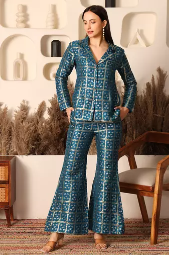 Peacock teal brocade handblock printed style co-ord set