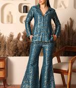 Peacock teal brocade handblock printed style co-ord set