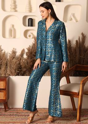 Peacock teal brocade handblock printed style co-ord set 2