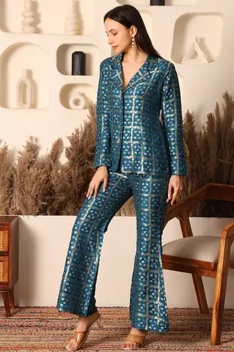 Peacock teal brocade handblock printed style co-ord set