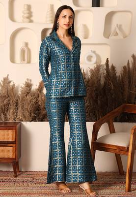Peacock teal brocade handblock printed style co-ord set 3