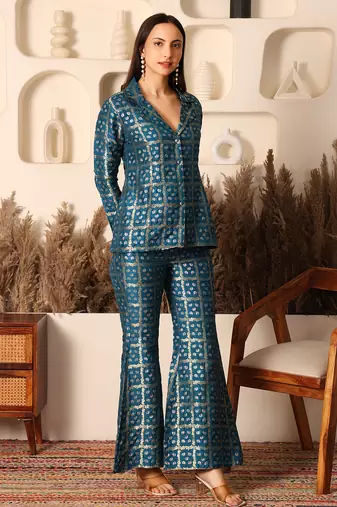Peacock teal brocade handblock printed style co-ord set