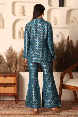 Peacock teal brocade handblock printed style co-ord set 4