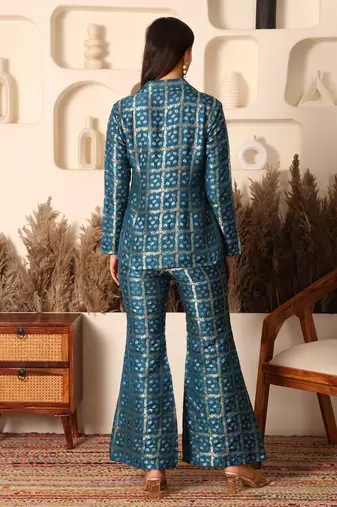 Peacock teal brocade handblock printed style co-ord set