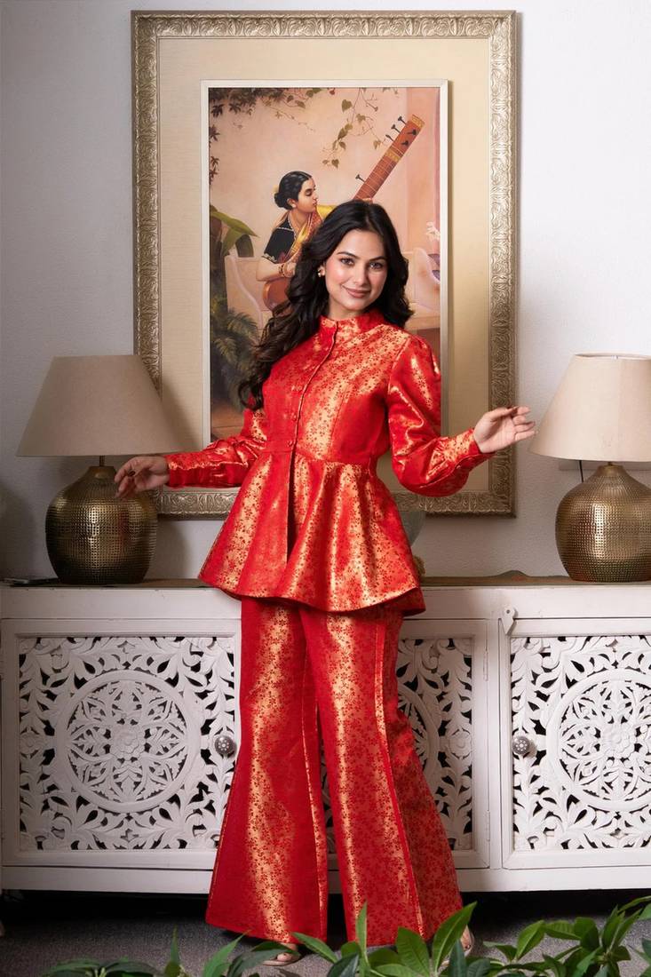Red & gold peplum co-ord set