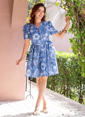 Blue floral print cotton wrap dress 1