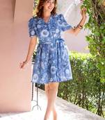 Blue floral print cotton wrap dress