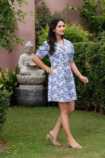 Blue meadow floral printed button-down shirt dress