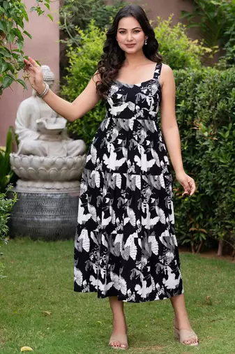 Midnight bloom black & white floral layered printed midi dress