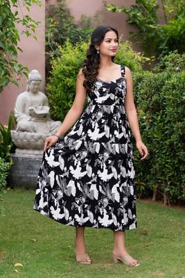 Midnight bloom black & white floral layered printed midi dress 3