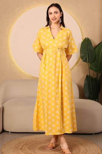 Sunshine aura yellow printed wrap midi dress