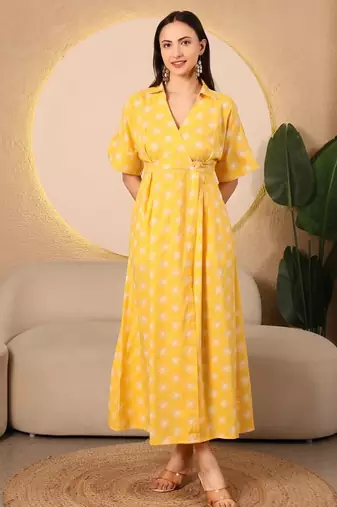 Sunshine aura yellow printed wrap midi dress