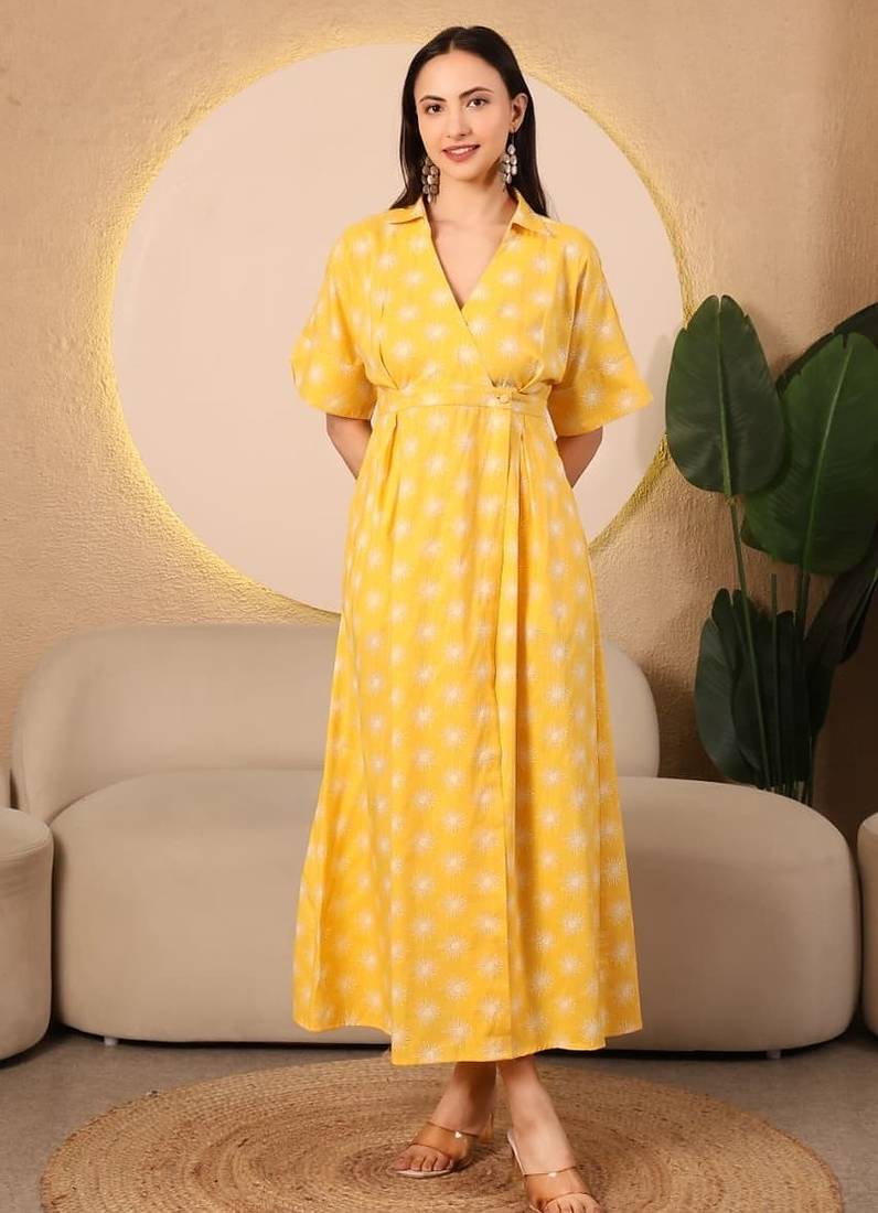 Sunshine aura yellow printed wrap midi dress